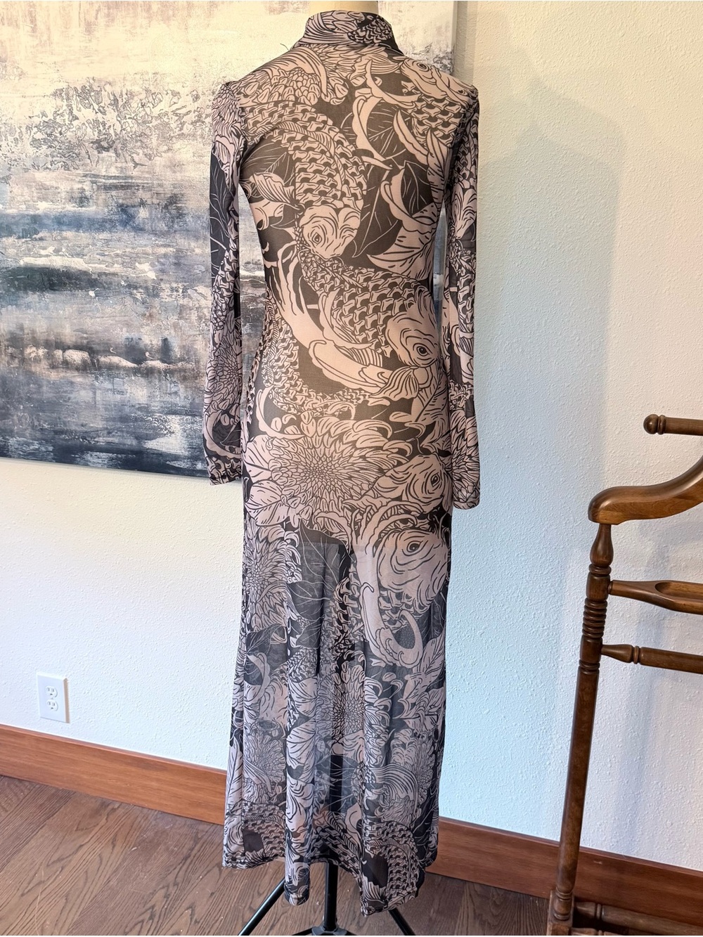 High Neck Long Sleeve Koi Print Sheer Mesh Bodycon
Maxi Dress Small *G* - Picture 4 of 9